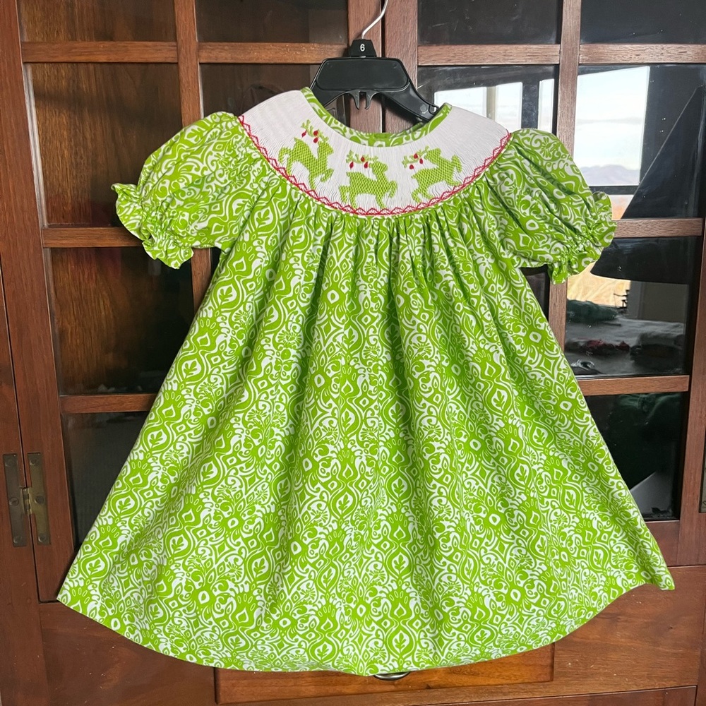 Handmade Green Dress with Deer Embroidery